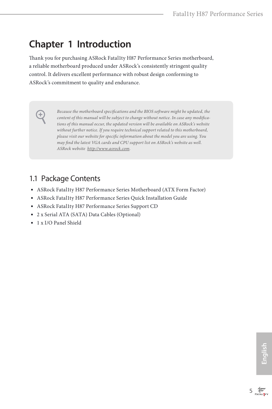 Chapter 1 introduction, 1 package contents | ASRock Fatal1ty H87 Performance User Manual | Page 9 / 165