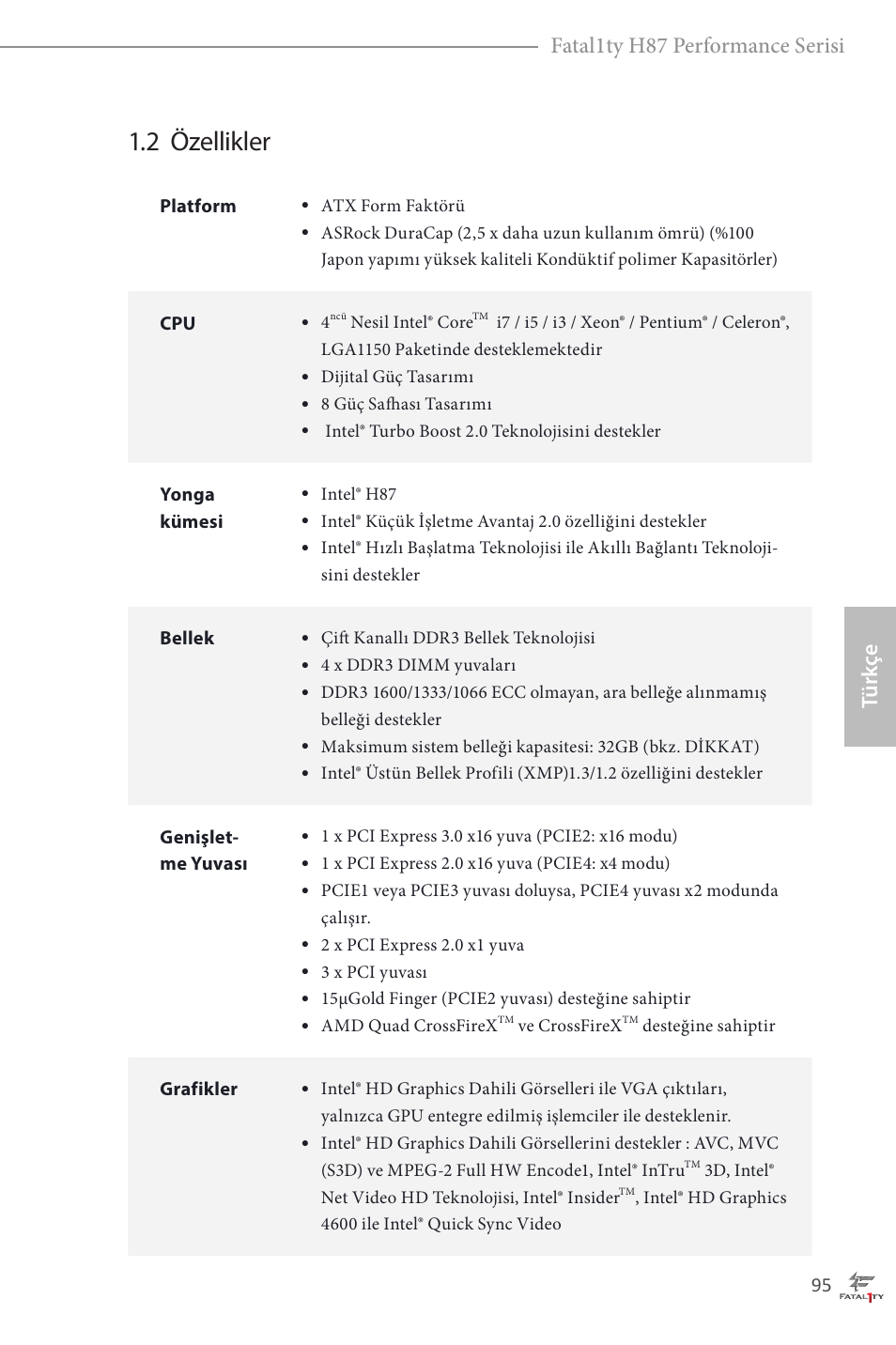 2 özellikler, Türk çe fatal1ty h87 performance serisi | ASRock Fatal1ty H87 Performance User Manual | Page 99 / 165