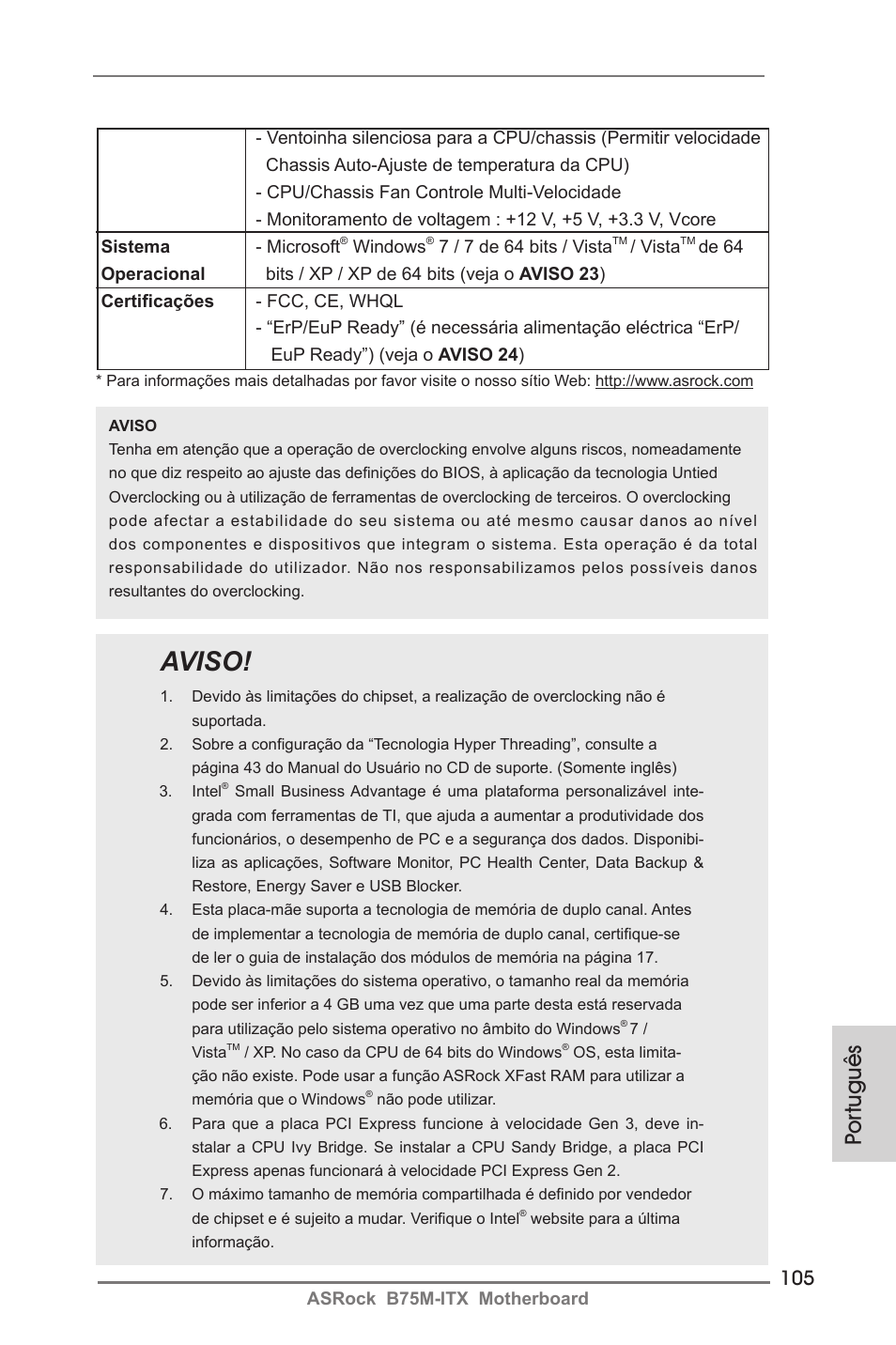 Aviso, Por tuguês | ASRock B75M-ITX User Manual | Page 105 / 186