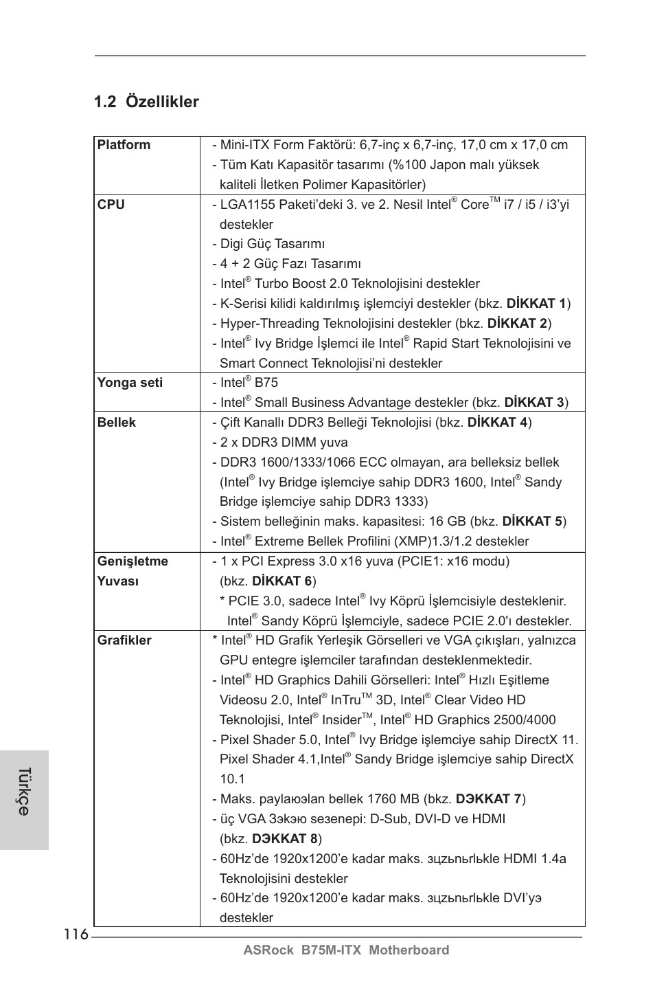 Türkçe, 2 özellikler | ASRock B75M-ITX User Manual | Page 116 / 186