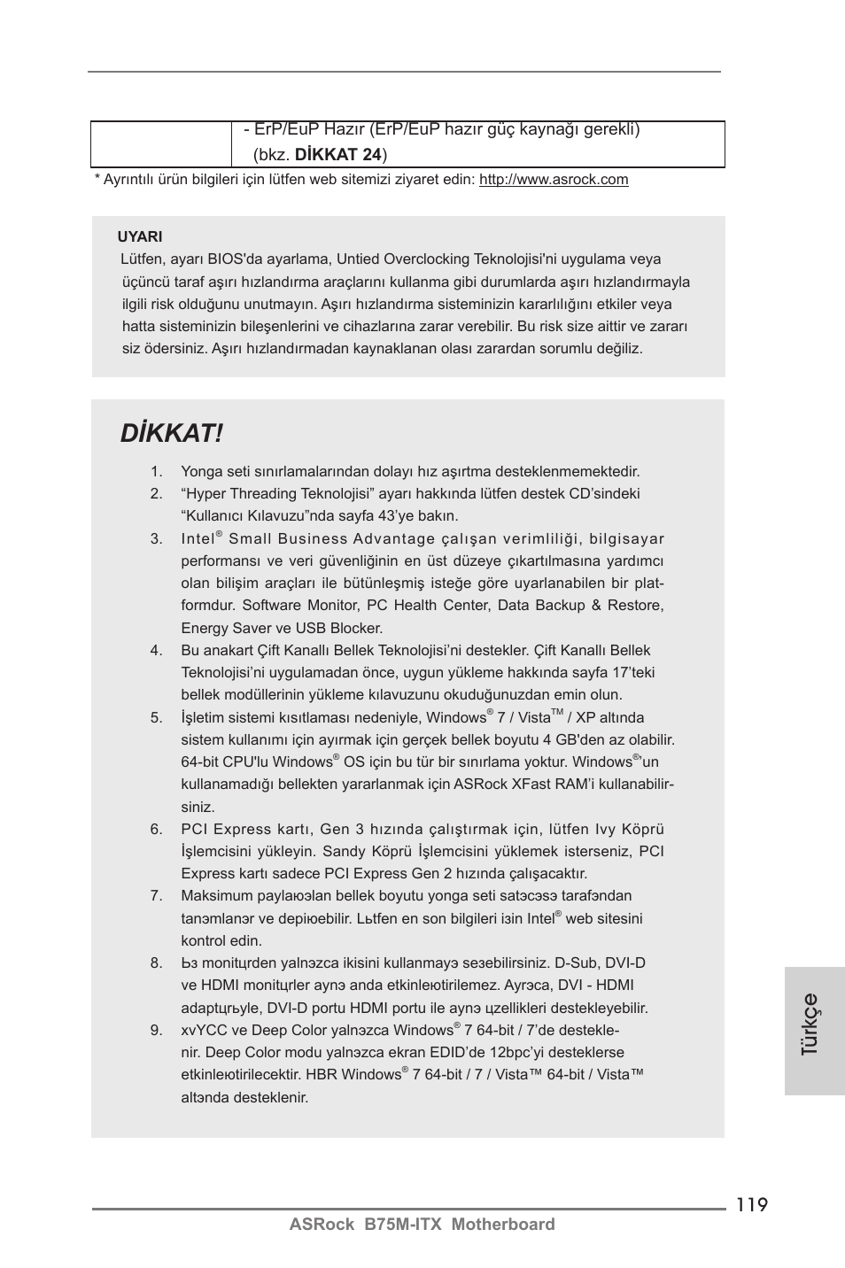 Dikkat, Türkçe | ASRock B75M-ITX User Manual | Page 119 / 186