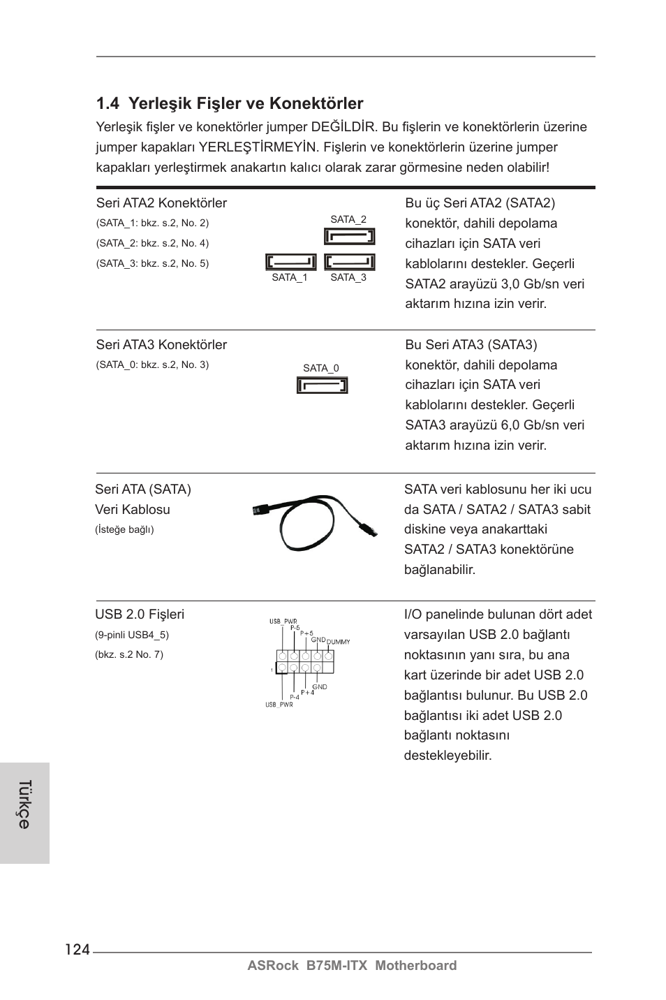 Türkçe 1.4 yerleşik fişler ve konektörler | ASRock B75M-ITX User Manual | Page 124 / 186
