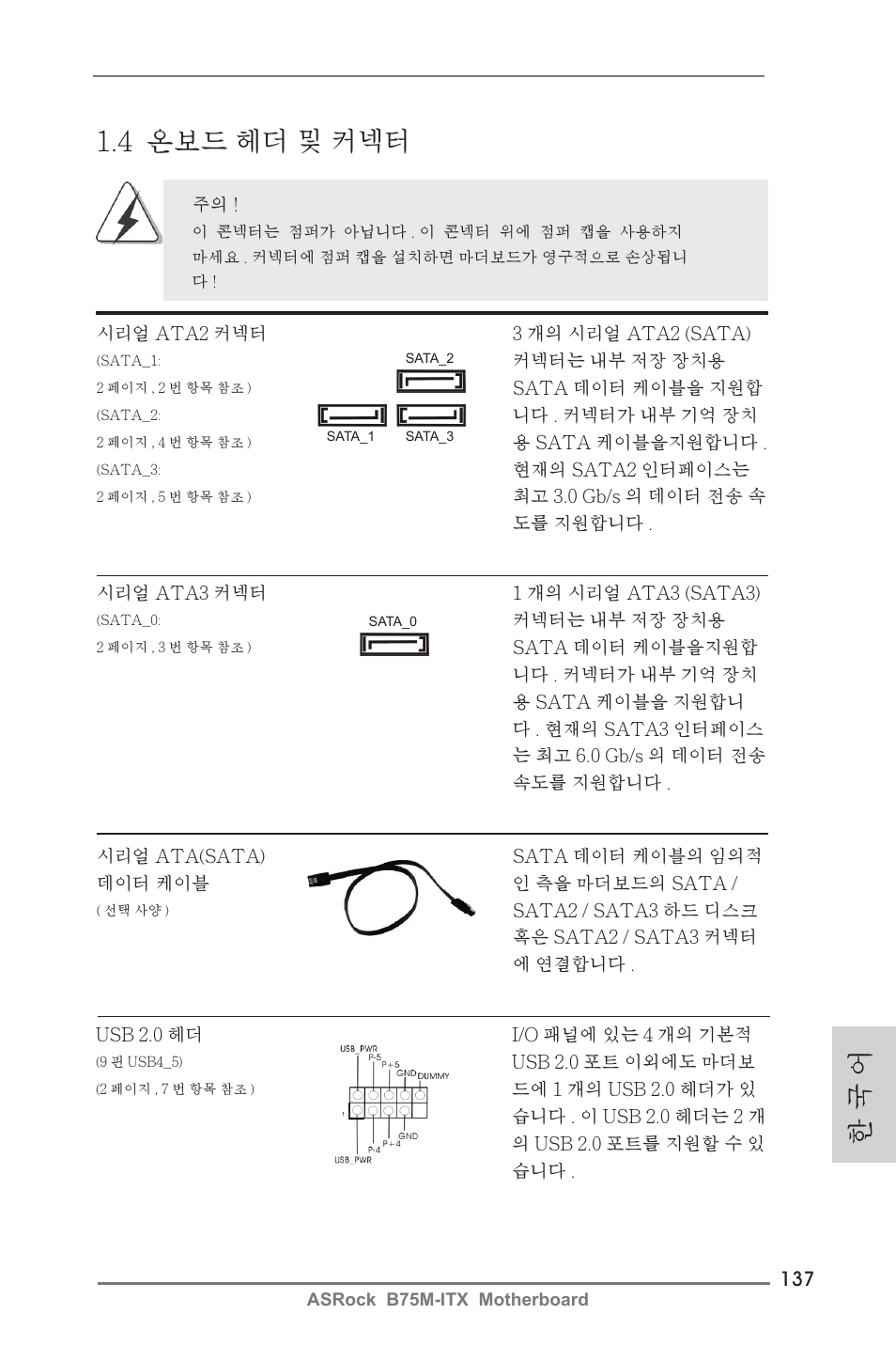 한 국 어 1.4 온보드 헤더 및 커넥터 | ASRock B75M-ITX User Manual | Page 137 / 186