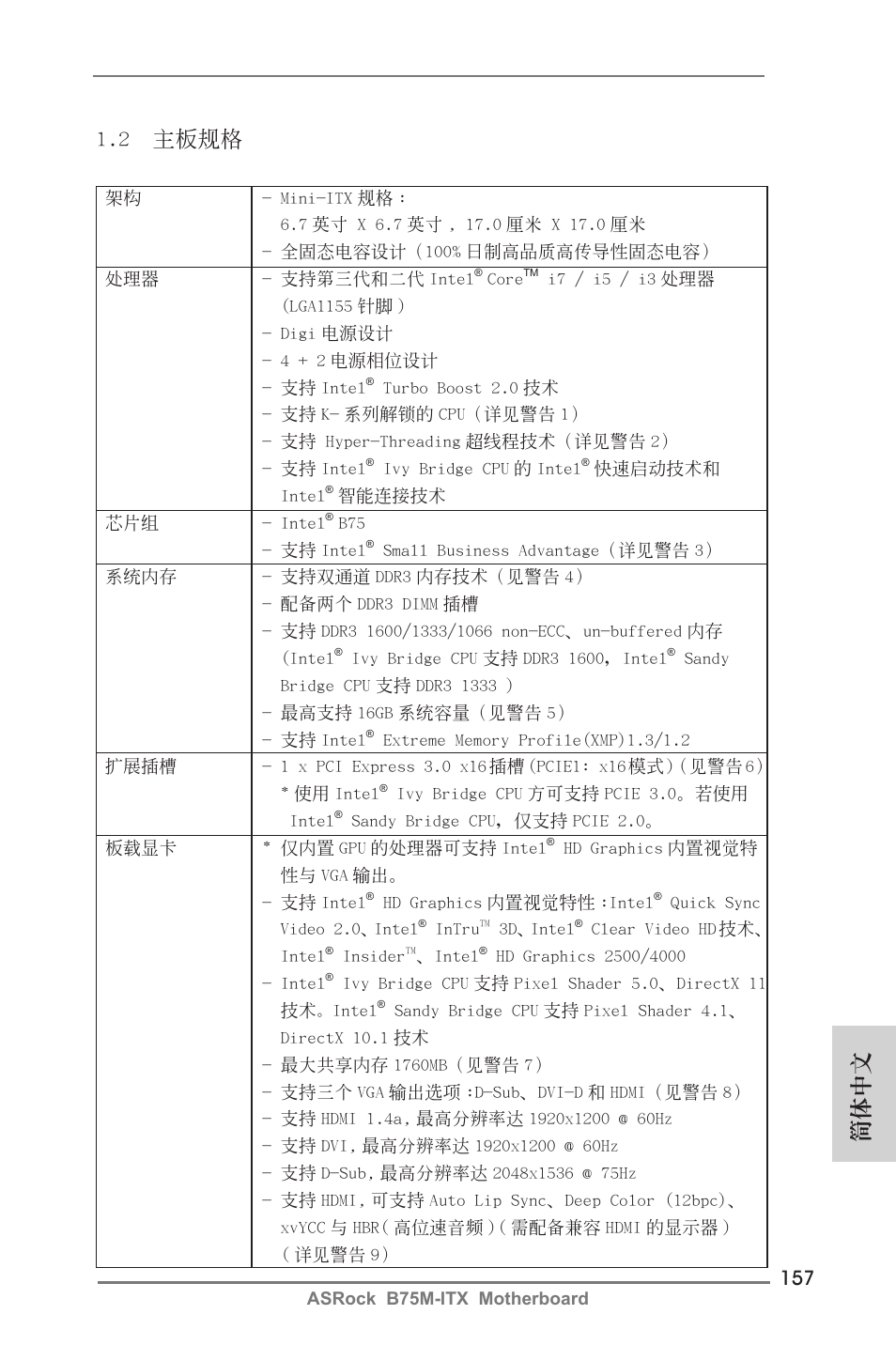 簡體中文 1.2 主板規格 | ASRock B75M-ITX User Manual | Page 157 / 186