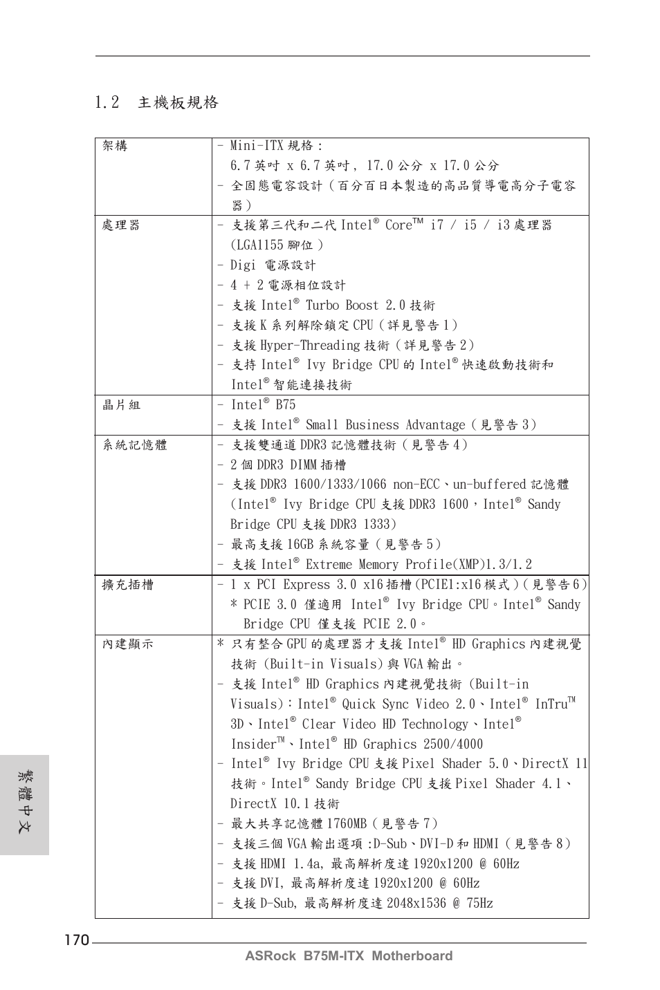 2 主機板規格, 繁體中文 | ASRock B75M-ITX User Manual | Page 170 / 186