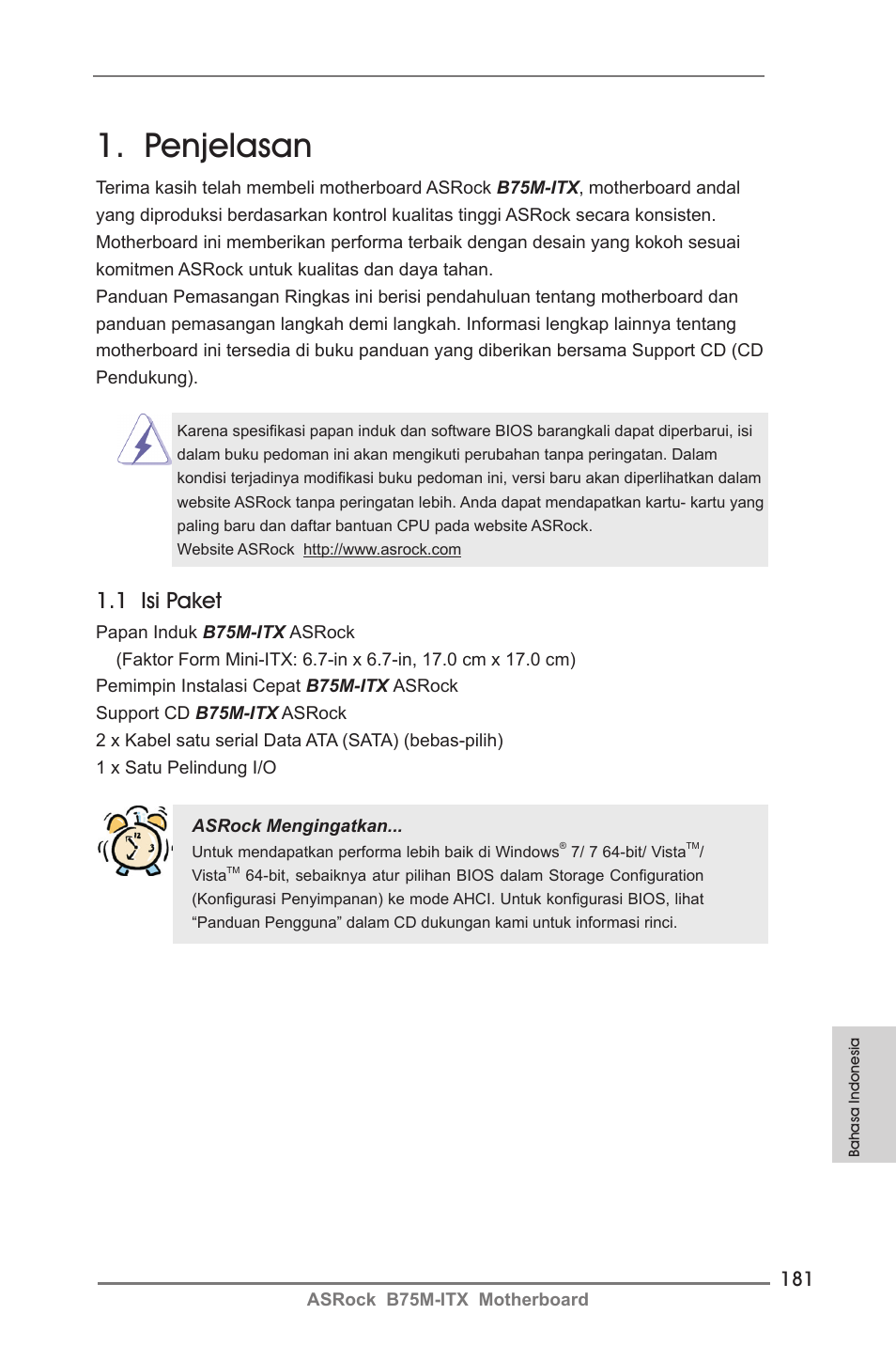 Indonesian, Penjelasan, 1 isi paket | ASRock B75M-ITX User Manual | Page 181 / 186