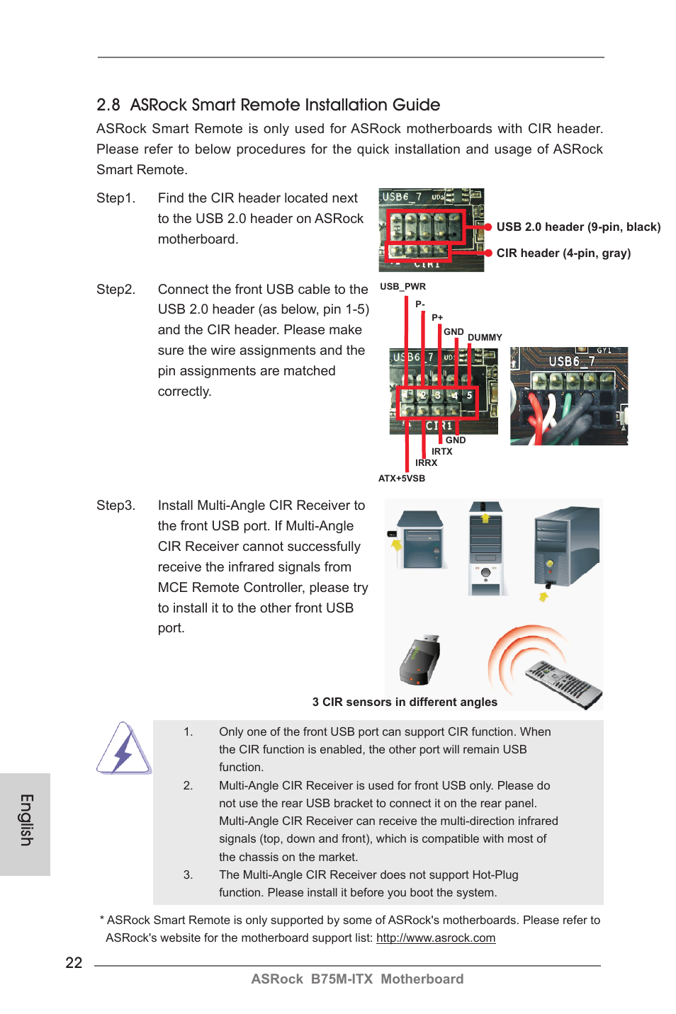 English, 8 asrock smart remote installation guide | ASRock B75M-ITX User Manual | Page 22 / 186