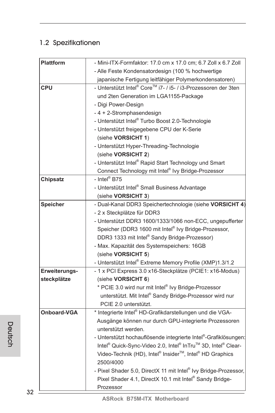 Deutsch 1.2 spezifikationen | ASRock B75M-ITX User Manual | Page 32 / 186