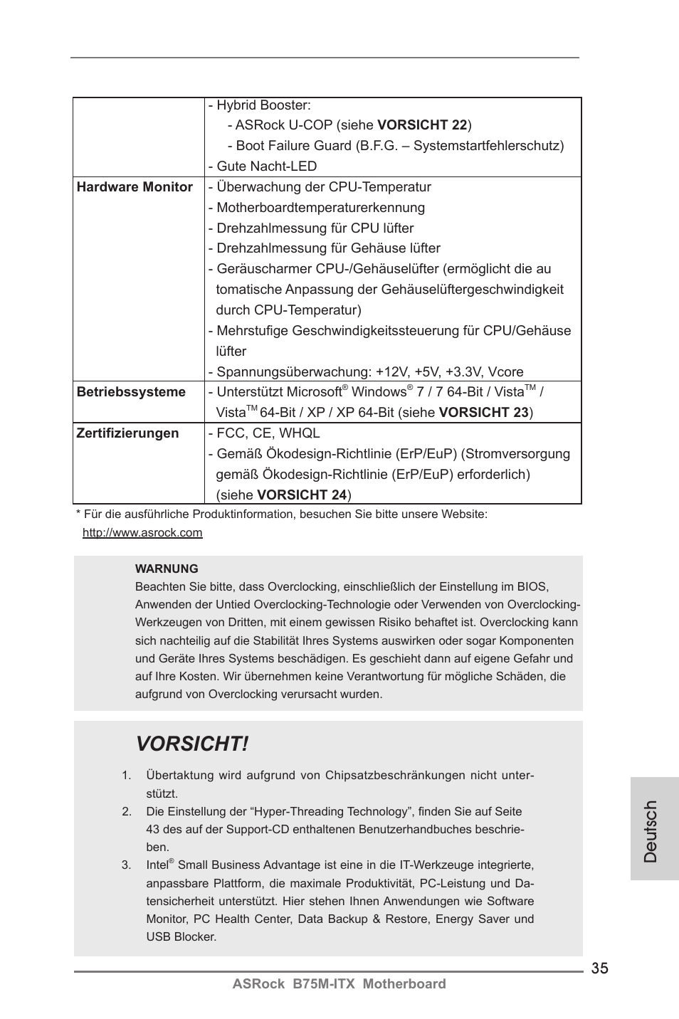 Vorsicht, Deutsch | ASRock B75M-ITX User Manual | Page 35 / 186