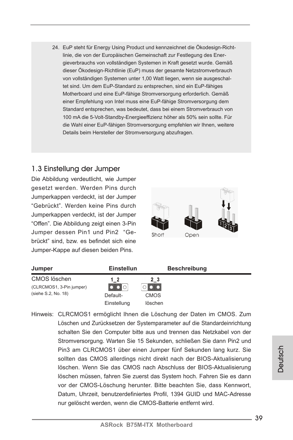 Deutsch 1.3 einstellung der jumper | ASRock B75M-ITX User Manual | Page 39 / 186