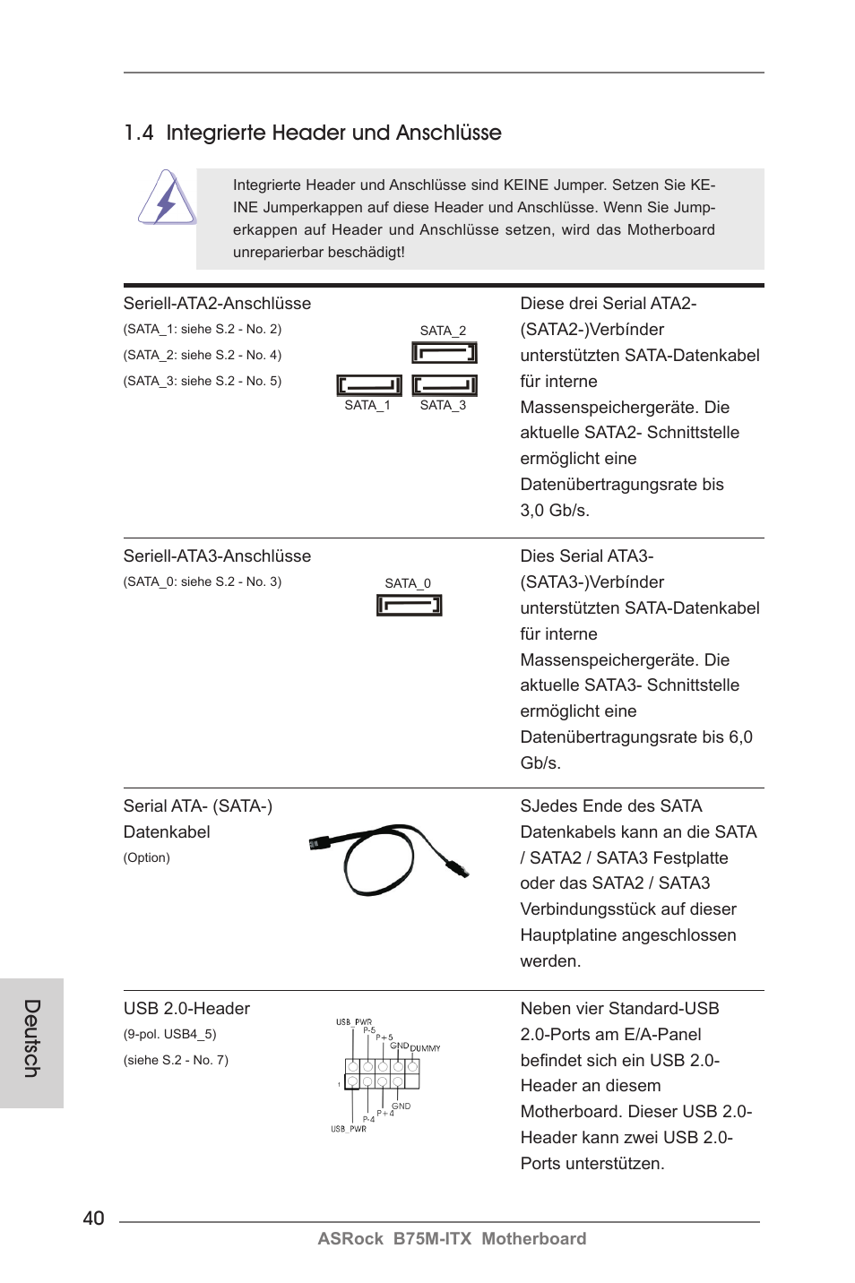 Deutsch, 4 integrierte header und anschlüsse | ASRock B75M-ITX User Manual | Page 40 / 186