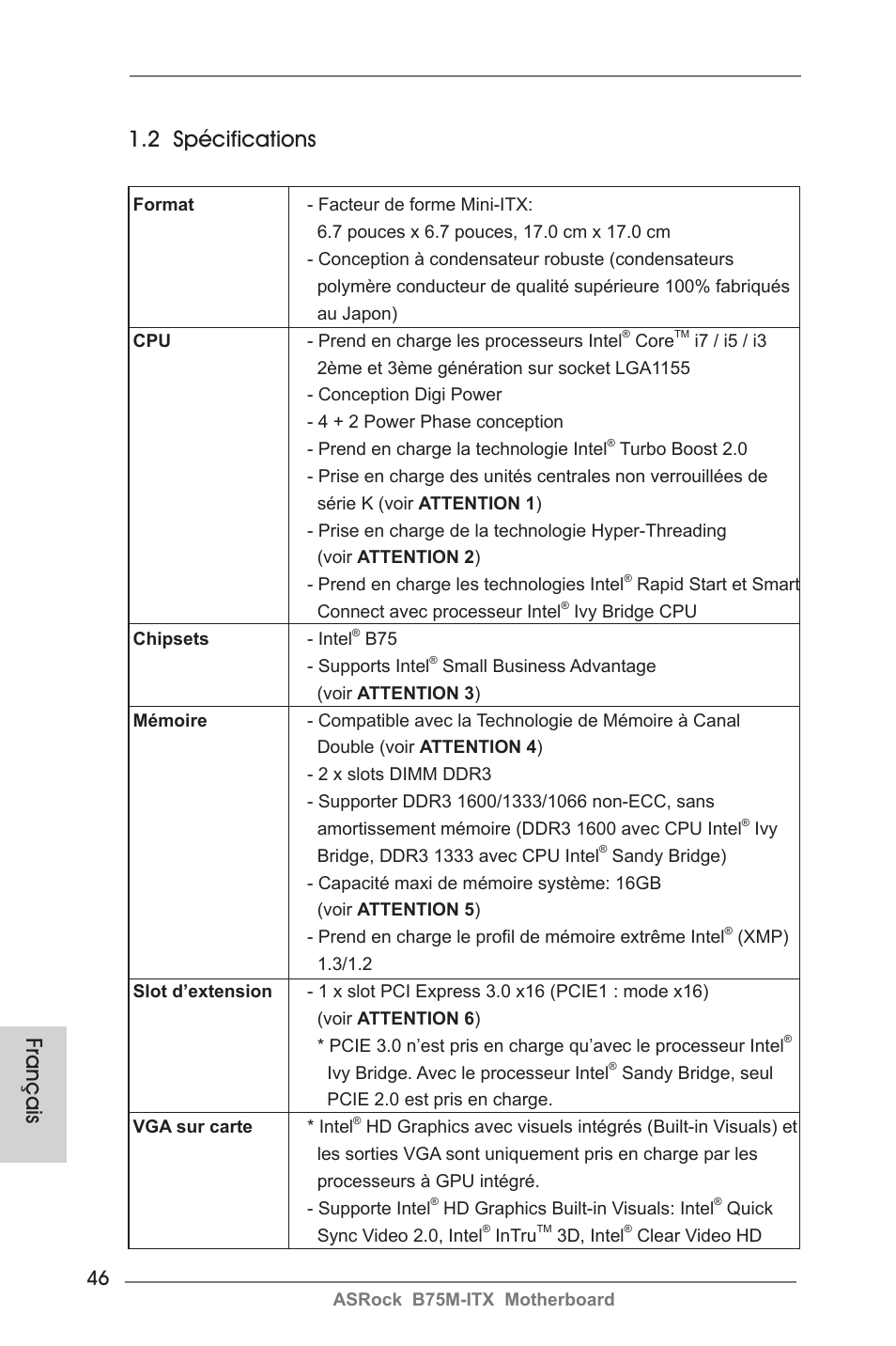 Français 1.2 spécifications | ASRock B75M-ITX User Manual | Page 46 / 186