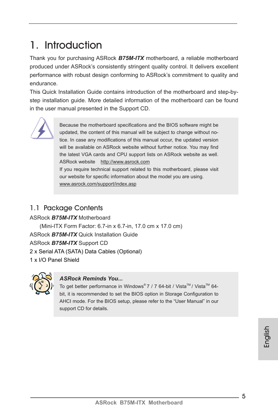 Introduction, 1 package contents, English | ASRock B75M-ITX User Manual | Page 5 / 186