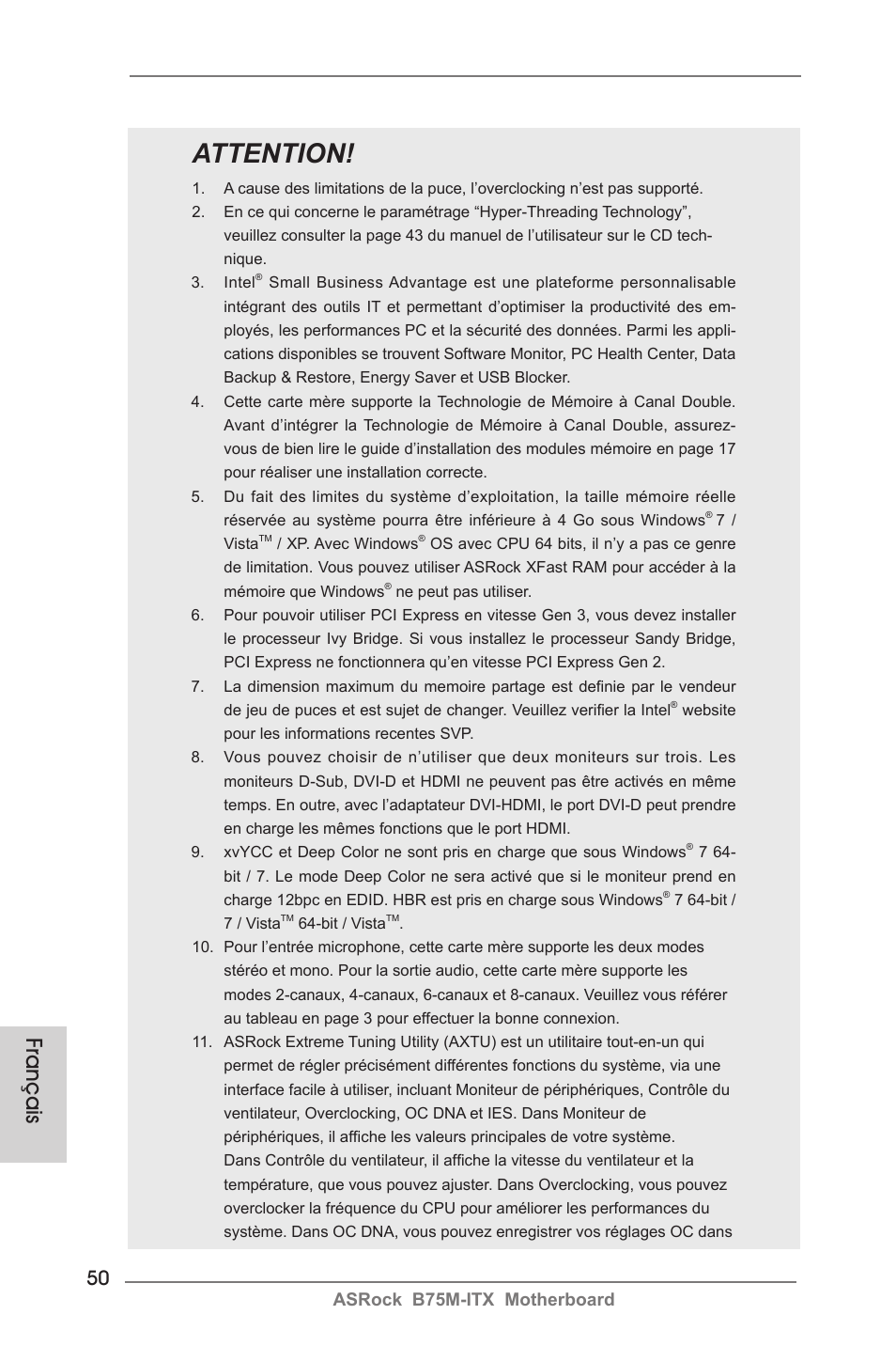 Attention, Français, Asrock b75m-itx motherboard | ASRock B75M-ITX User Manual | Page 50 / 186
