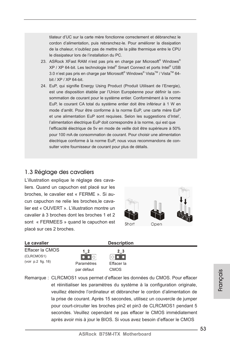Français, 3 réglage des cavaliers | ASRock B75M-ITX User Manual | Page 53 / 186