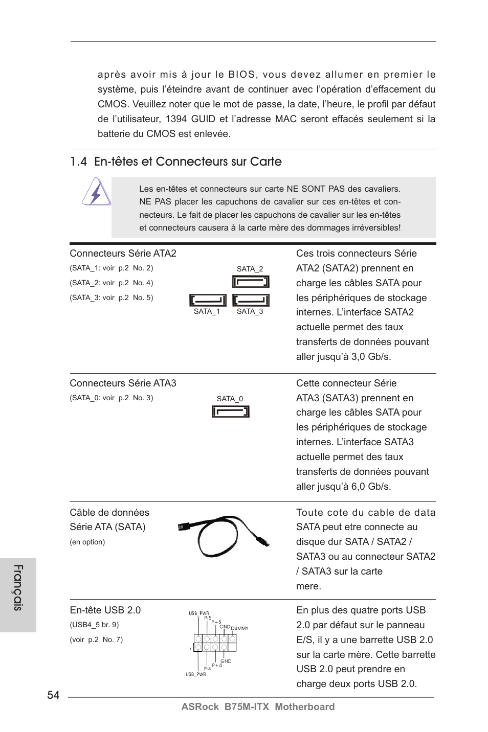 Français, 4 en-têtes et connecteurs sur carte | ASRock B75M-ITX User Manual | Page 54 / 186