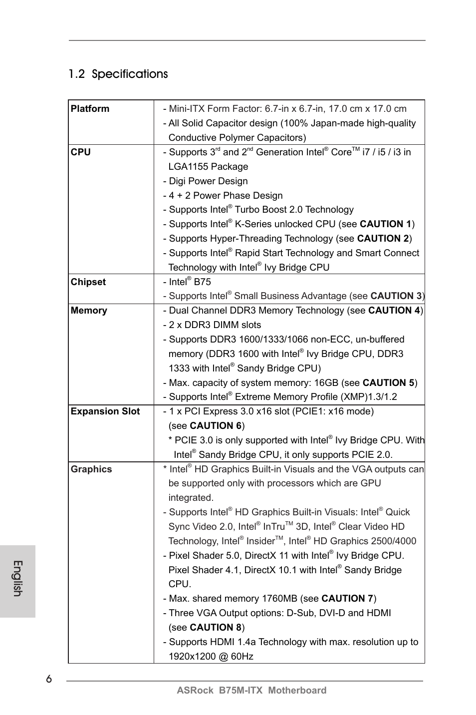 English 1.2 specifications | ASRock B75M-ITX User Manual | Page 6 / 186