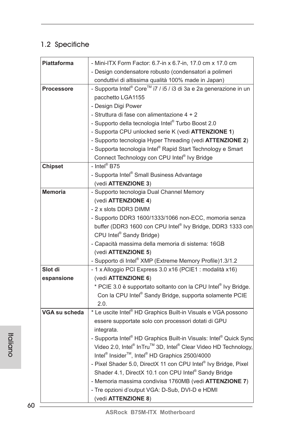 Italiano 1.2 specifiche | ASRock B75M-ITX User Manual | Page 60 / 186
