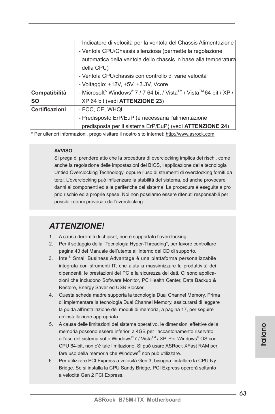 Attenzione, Italiano | ASRock B75M-ITX User Manual | Page 63 / 186