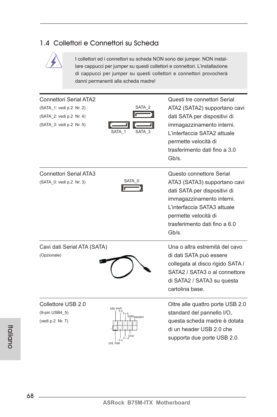 Italiano 1.4 collettori e connettori su scheda | ASRock B75M-ITX User Manual | Page 68 / 186