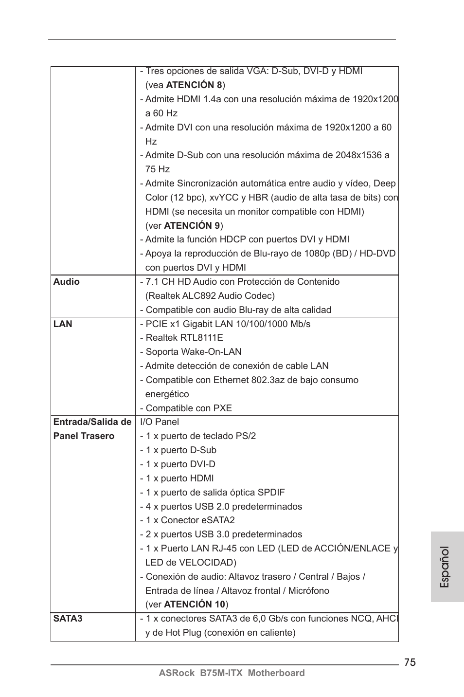 Español | ASRock B75M-ITX User Manual | Page 75 / 186