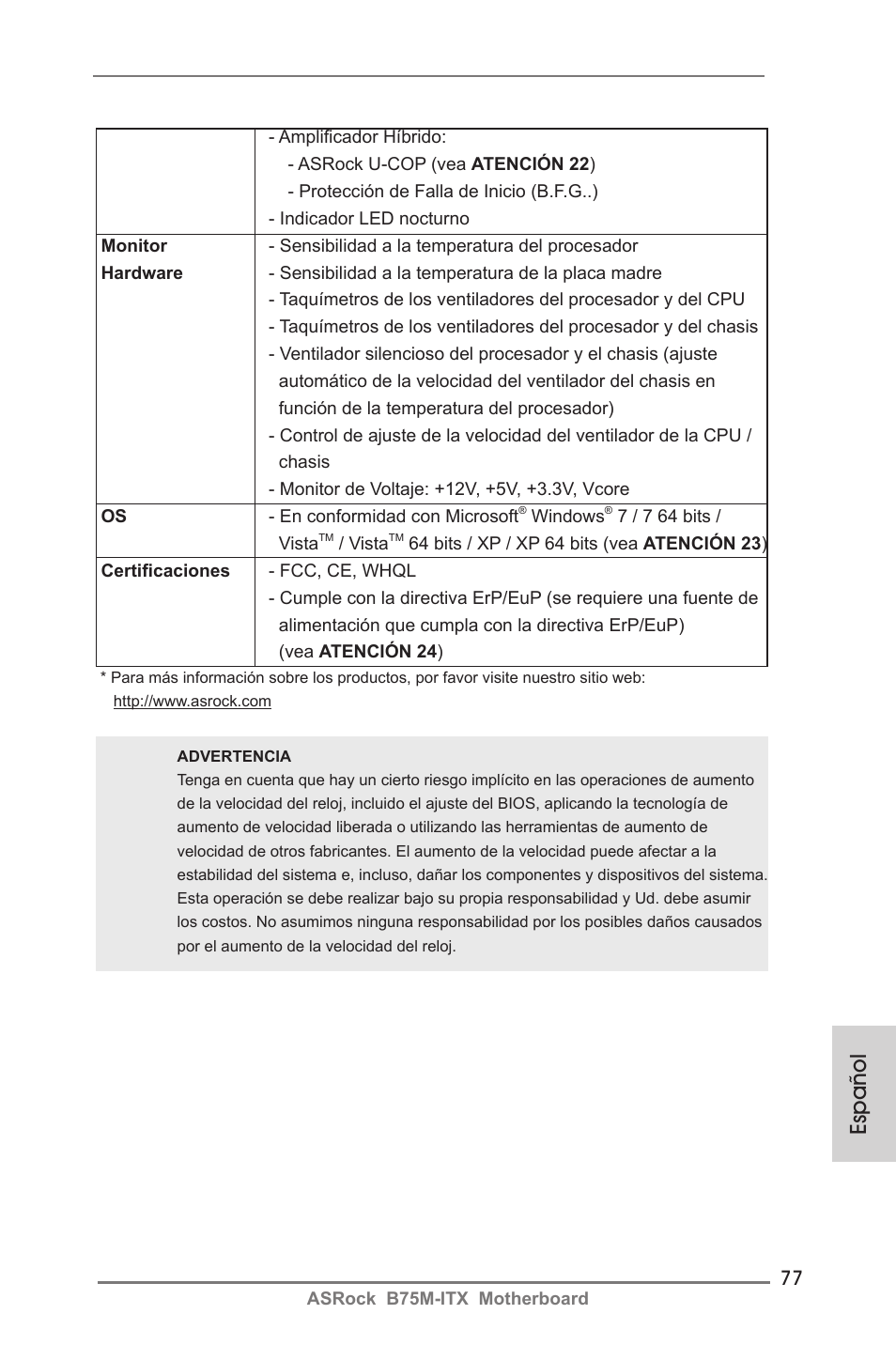 Español | ASRock B75M-ITX User Manual | Page 77 / 186
