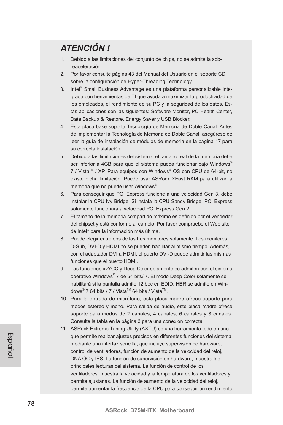 Atención, Español, Asrock b75m-itx motherboard | ASRock B75M-ITX User Manual | Page 78 / 186