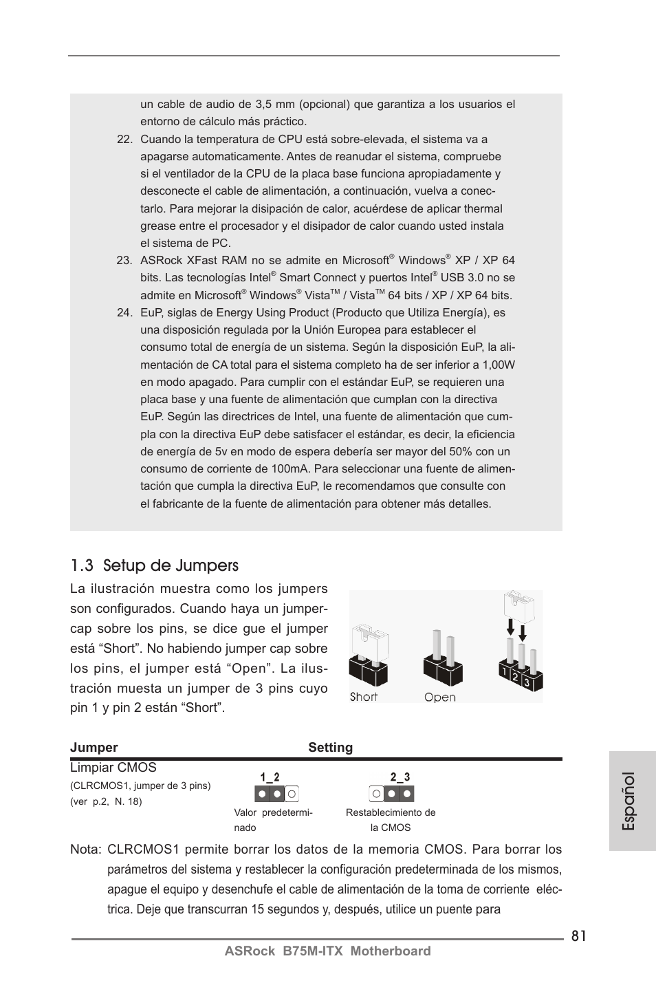 Español, 3 setup de jumpers | ASRock B75M-ITX User Manual | Page 81 / 186