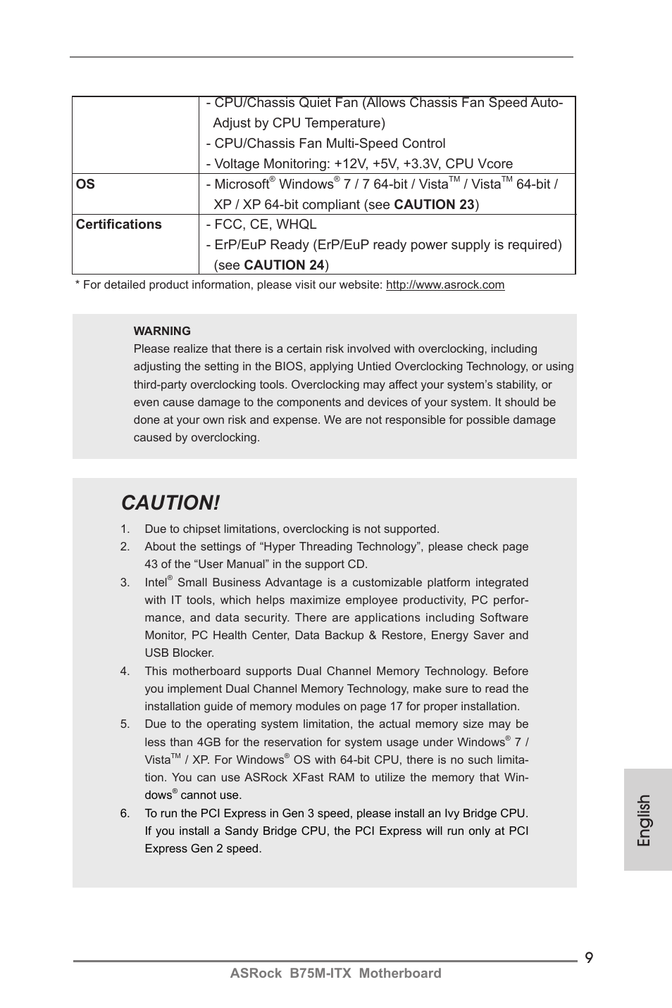 Caution, English | ASRock B75M-ITX User Manual | Page 9 / 186