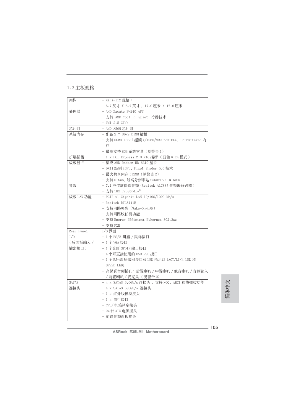 簡體中文 1.2 主板規格 | ASRock E35LM1 User Manual | Page 105 / 119