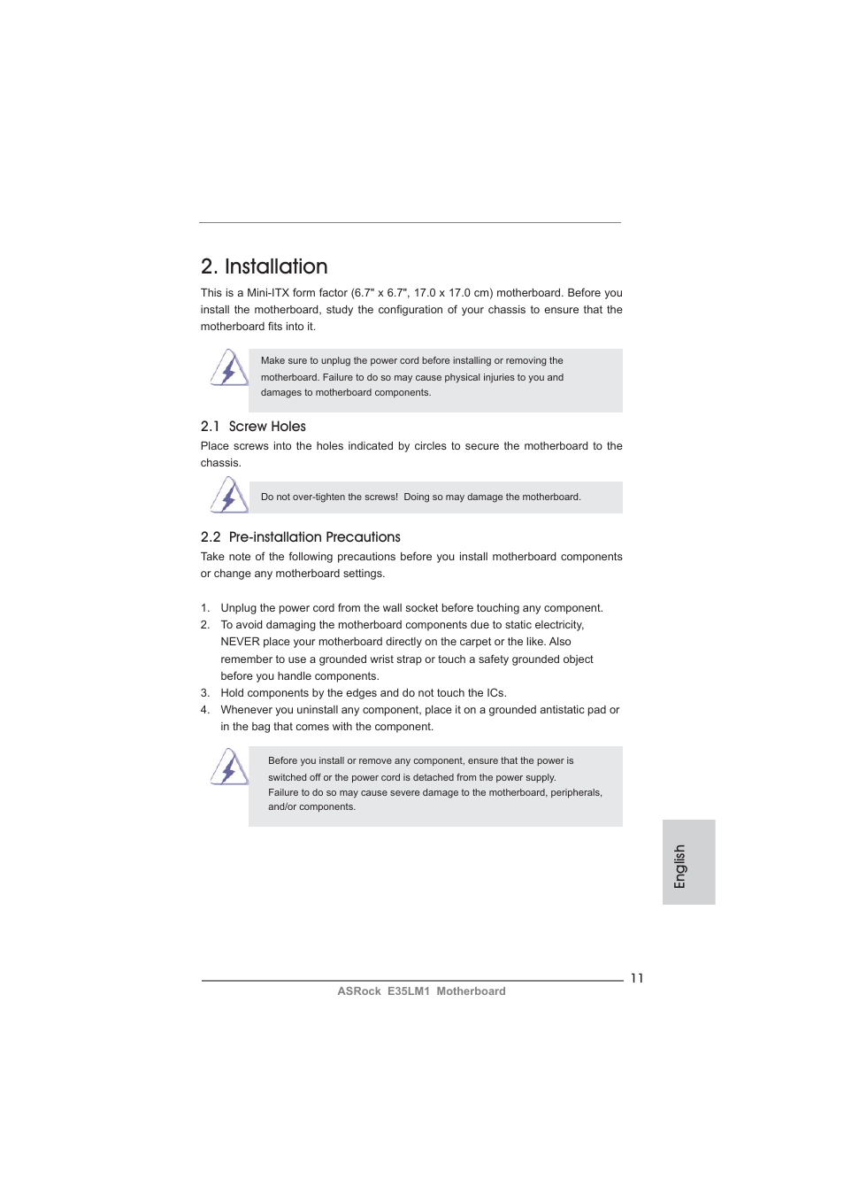 Installation, English, 1 screw holes | 2 pre-installation precautions | ASRock E35LM1 User Manual | Page 11 / 119