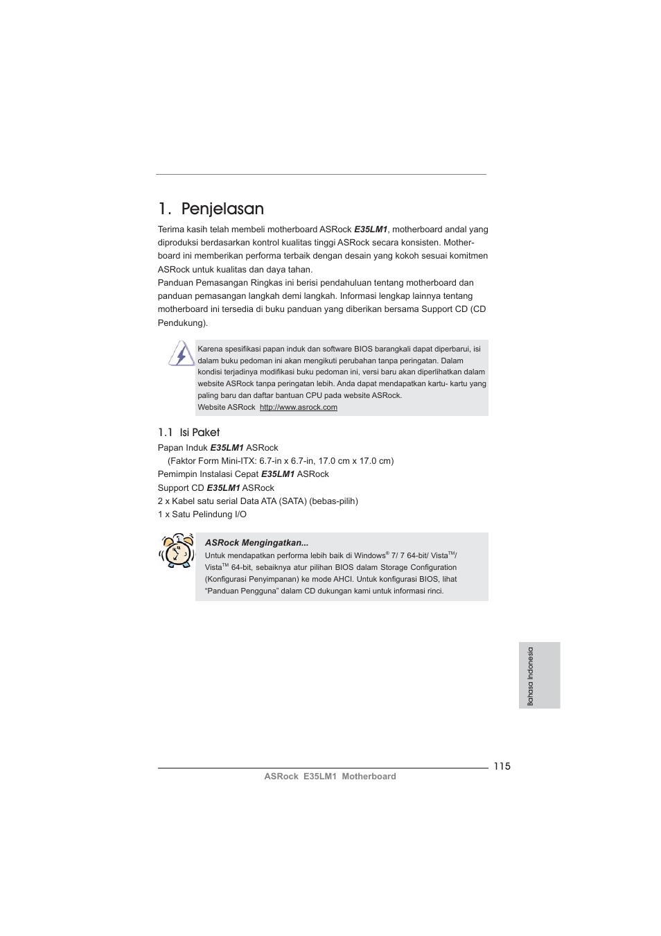 Indonesian, Penjelasan, 1 isi paket | ASRock E35LM1 User Manual | Page 115 / 119