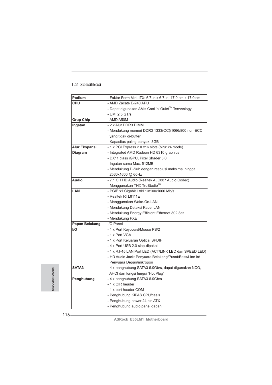 2 spesifikasi | ASRock E35LM1 User Manual | Page 116 / 119