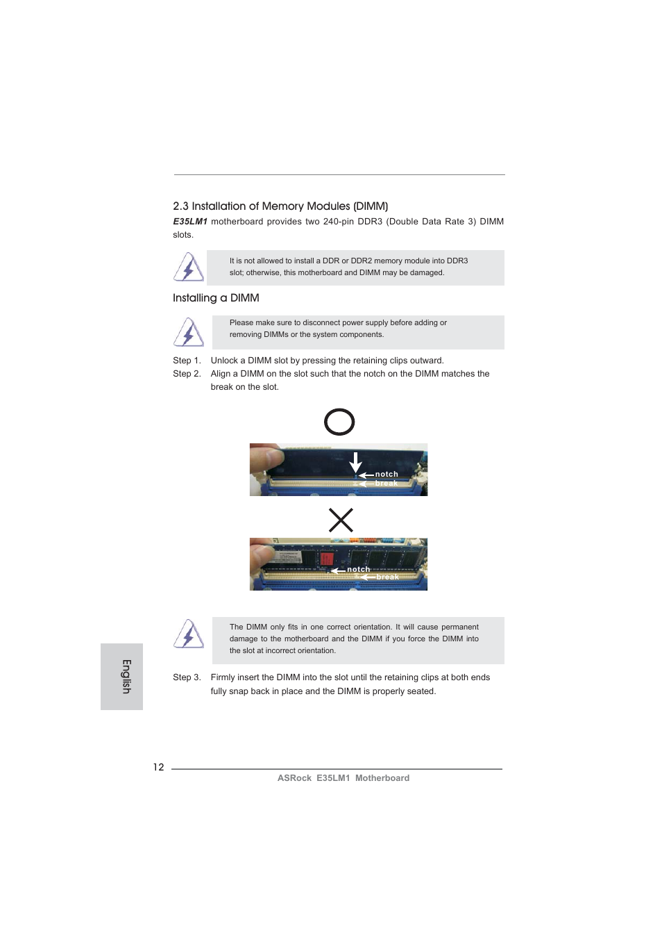 English, Installing a dimm | ASRock E35LM1 User Manual | Page 12 / 119