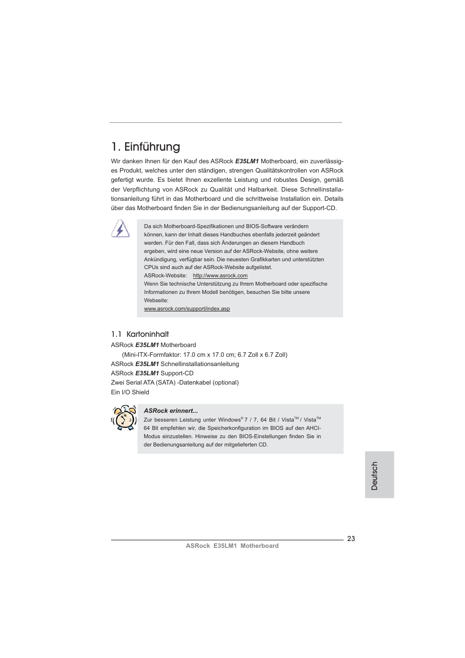 German, Einführung, Deutsch | 1 kartoninhalt | ASRock E35LM1 User Manual | Page 23 / 119