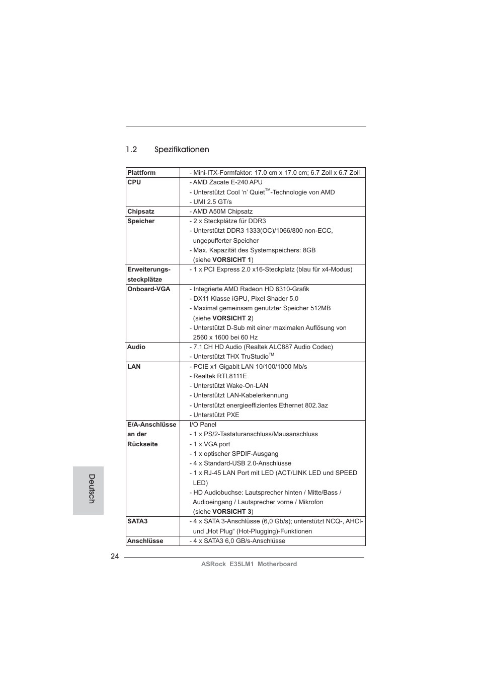 2 spezifikationen, Deutsch | ASRock E35LM1 User Manual | Page 24 / 119