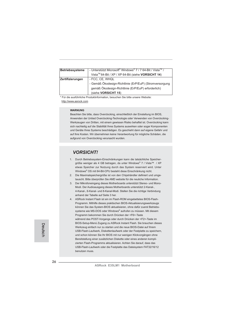 Vorsicht, Deutsch | ASRock E35LM1 User Manual | Page 26 / 119