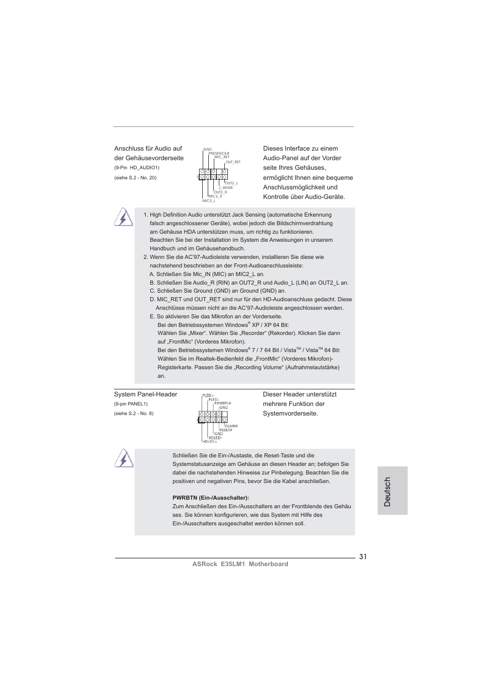 Deutsch | ASRock E35LM1 User Manual | Page 31 / 119