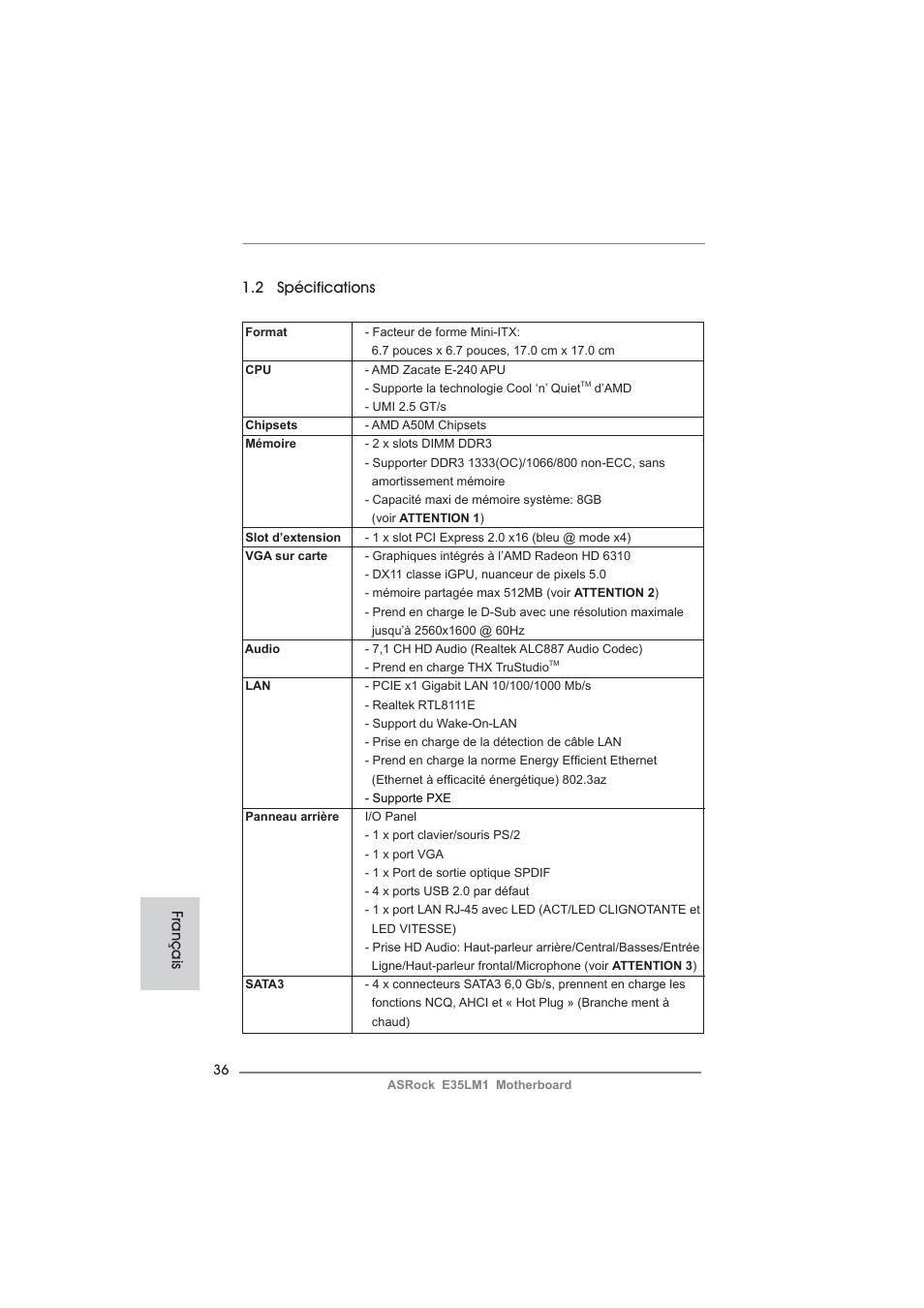 2 spécifications, Français | ASRock E35LM1 User Manual | Page 36 / 119