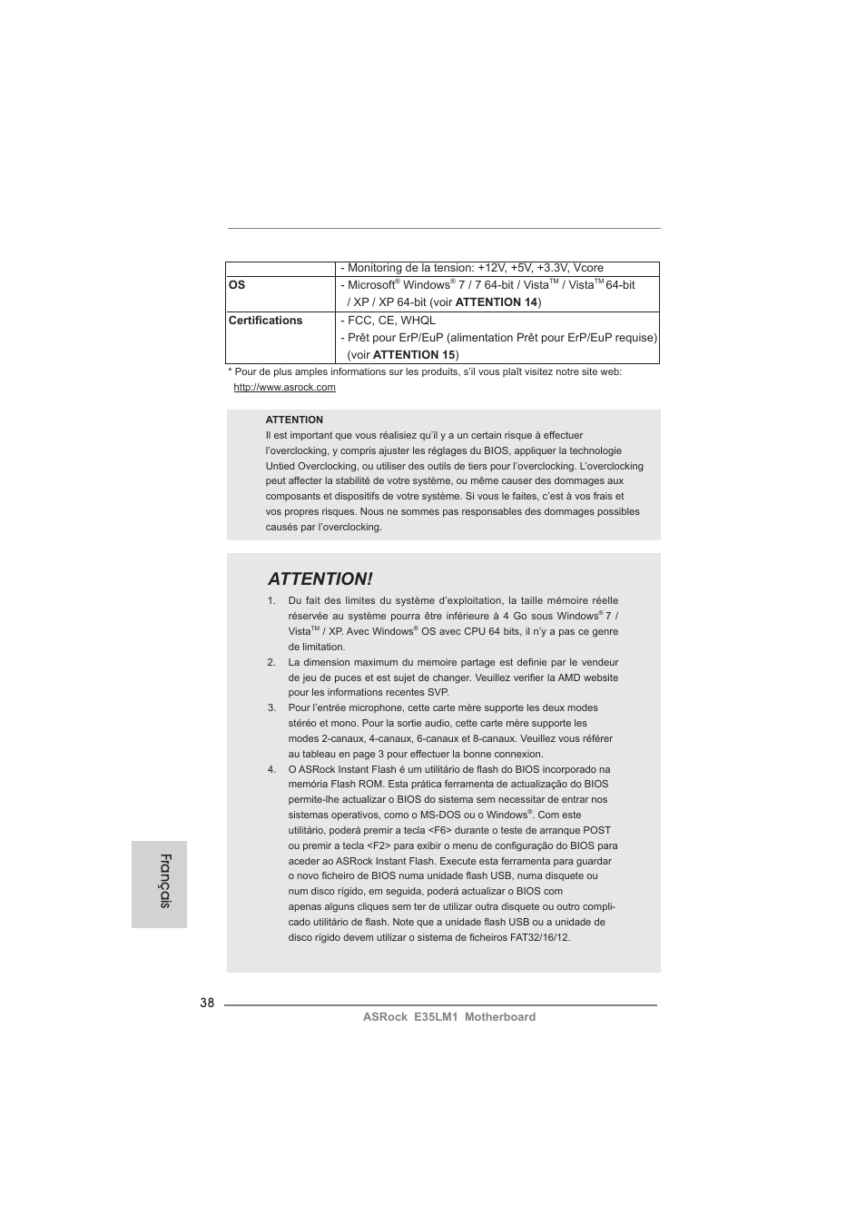 Attention, Français | ASRock E35LM1 User Manual | Page 38 / 119