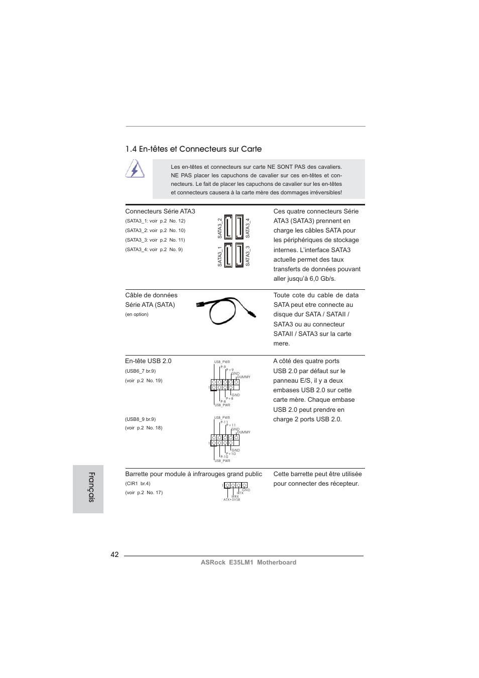 4 en-têtes et connecteurs sur carte, Français | ASRock E35LM1 User Manual | Page 42 / 119