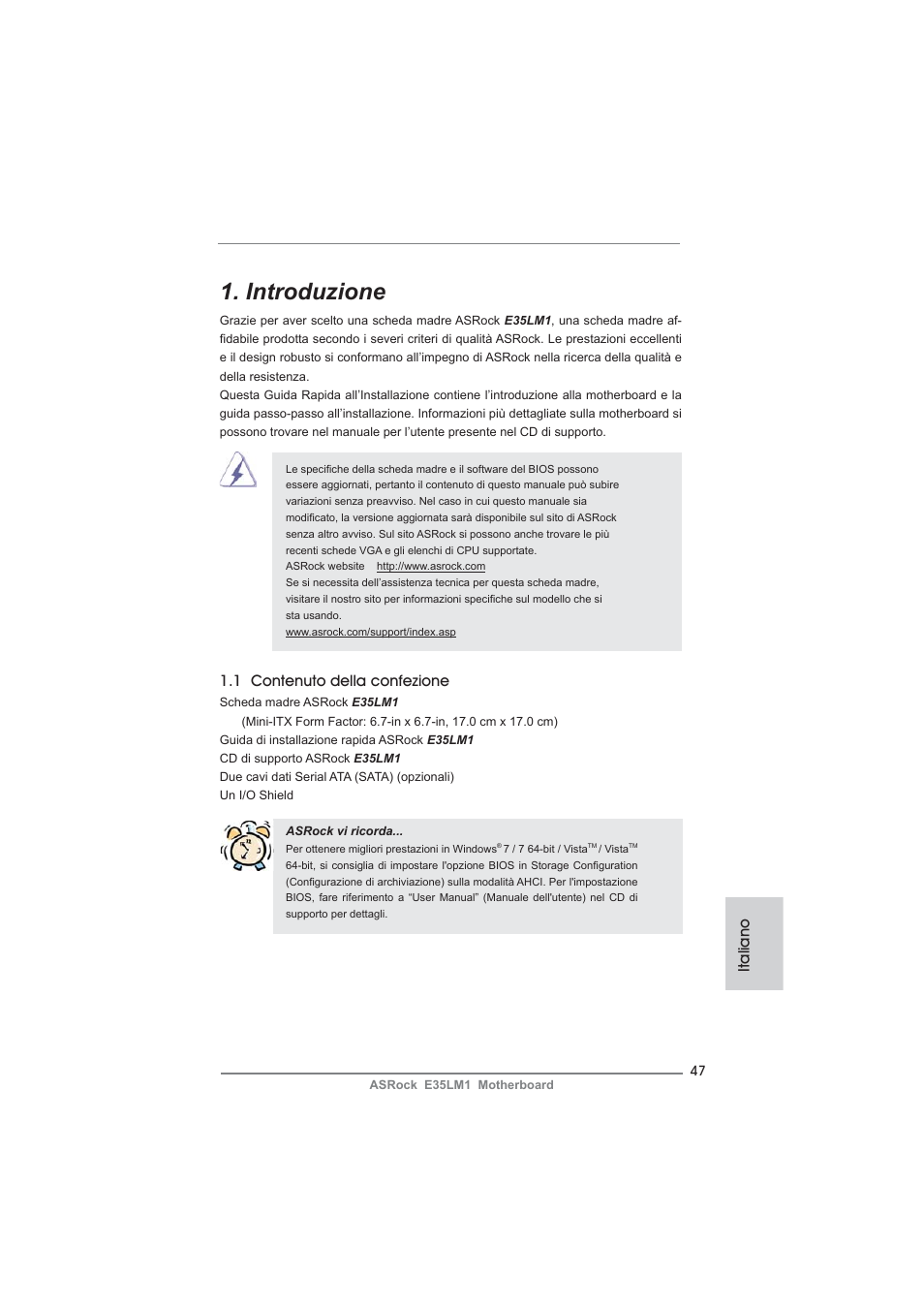 Italian, Introduzione, Italiano | 1 contenuto della confezione | ASRock E35LM1 User Manual | Page 47 / 119