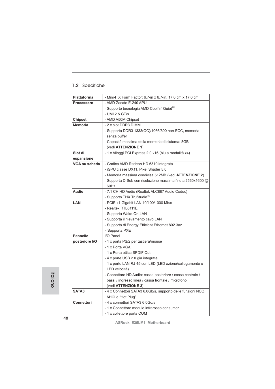 2 specifiche, Italiano | ASRock E35LM1 User Manual | Page 48 / 119
