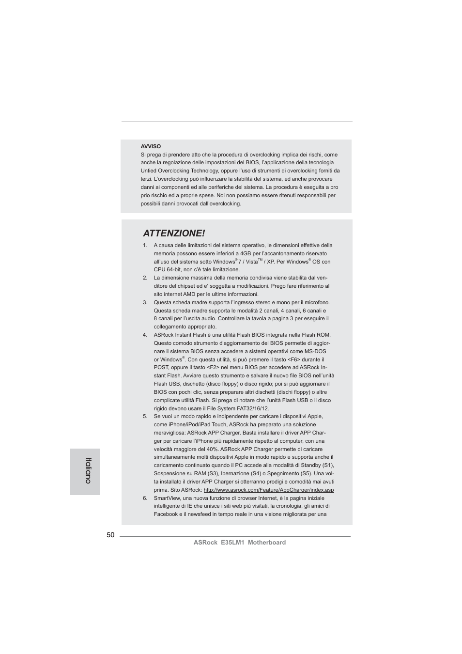Attenzione, Italiano | ASRock E35LM1 User Manual | Page 50 / 119