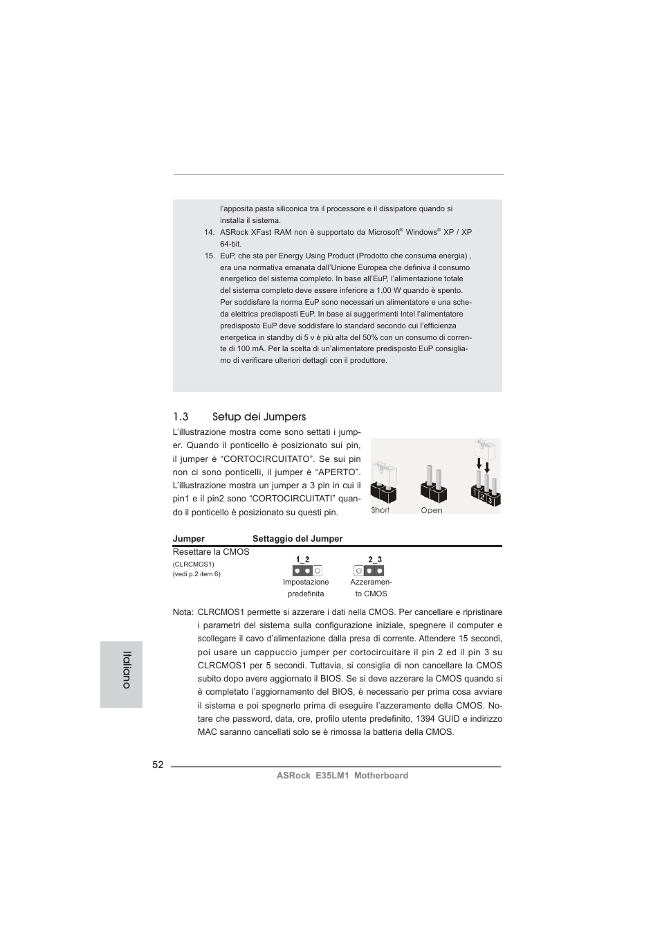 3 setup dei jumpers, Italiano | ASRock E35LM1 User Manual | Page 52 / 119