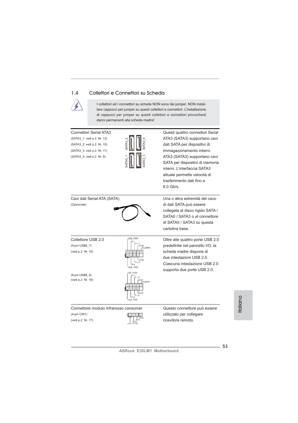 Italiano 1.4 collettori e connettori su scheda | ASRock E35LM1 User Manual | Page 53 / 119