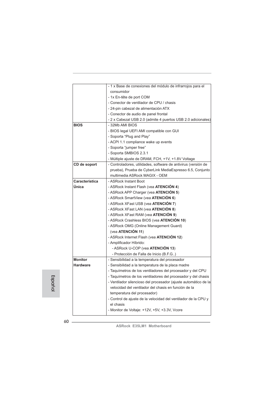 Español | ASRock E35LM1 User Manual | Page 60 / 119