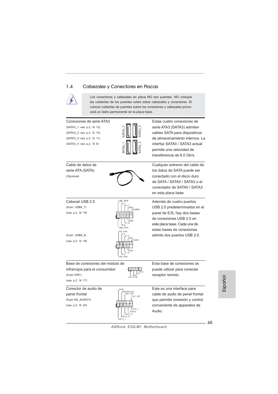 Español 1.4 cabezales y conectores en placas | ASRock E35LM1 User Manual | Page 65 / 119