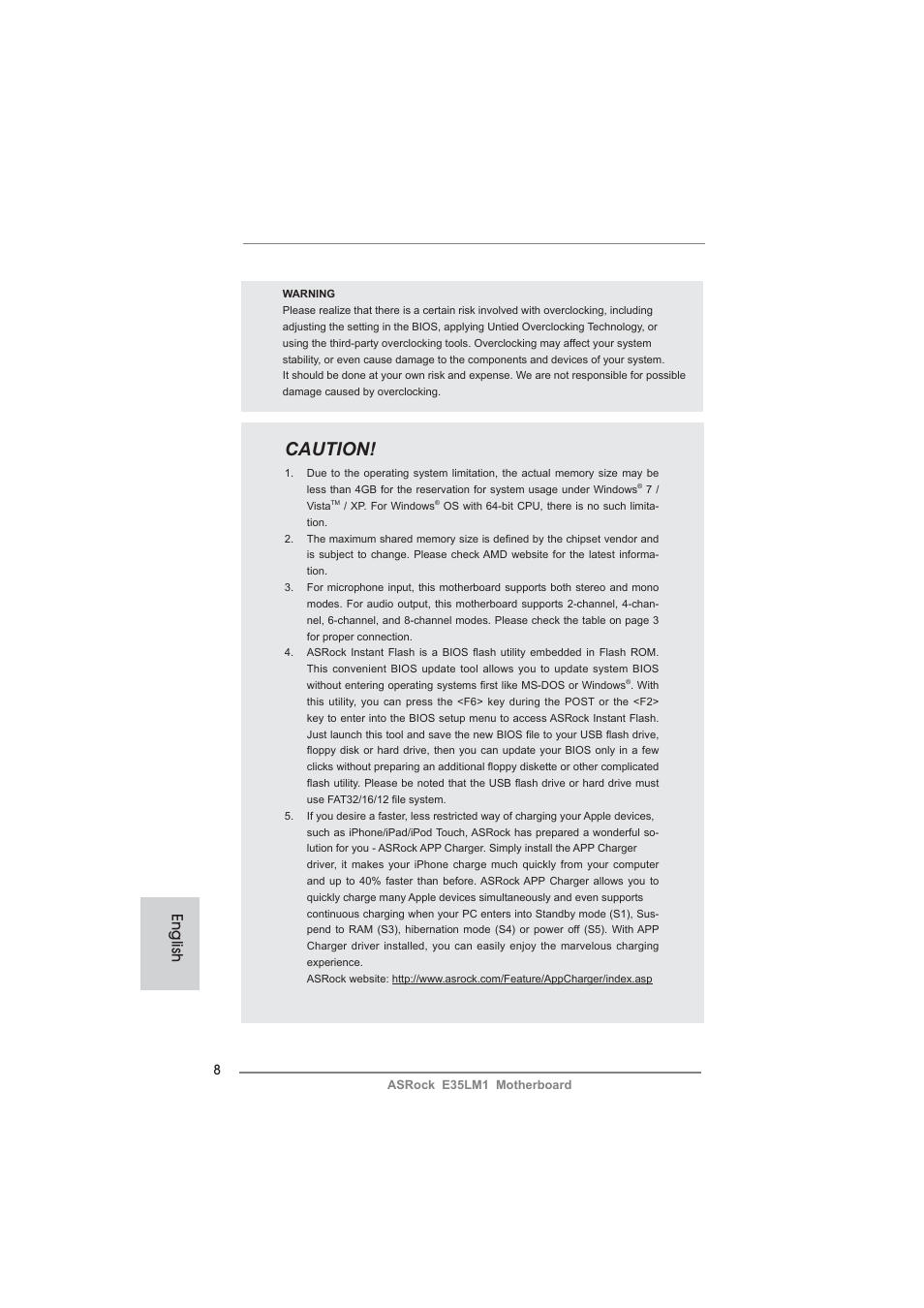 Caution, English | ASRock E35LM1 User Manual | Page 8 / 119