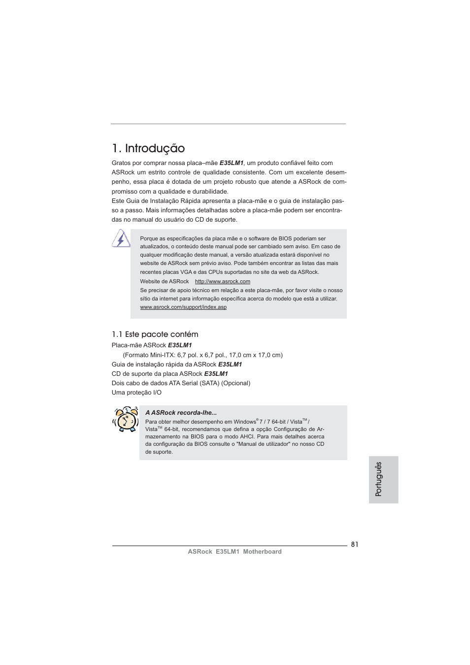 Portuguese, Introdução, 1 este pacote contém | Po rtuguês | ASRock E35LM1 User Manual | Page 81 / 119